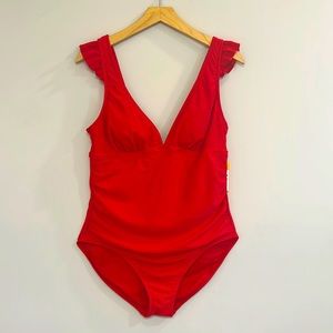 Kona Sol Ruffle Shoulder Ruched Full Coverage One Piece Swimsuit size (LARGE)